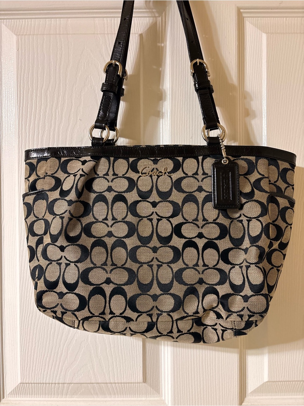 Coach Beige and Black Signature Canvas Tote with Leather Trim
